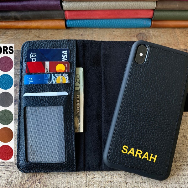 Pebbled Black Leather iPhone 15, 14, 13, 12, 11, X, XS Max, XR, 8, 7, 6 Plus Case, Personalized Detachable magnetic case iPhone Card Holder