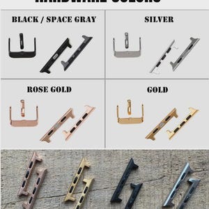 Peut inclure: Un tableau intitul&eacute; HARDWARE COLORS pr&eacute;sente des connecteurs de bracelet de montre en quatre finitions : noir/gris sid&eacute;ral, argent, or rose et or. Chaque section montre les composants sous plusieurs angles. En bas, les quatre jeux sont pos&eacute;s.