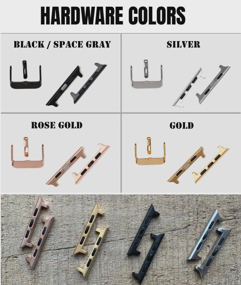 Peut inclure: Un tableau intitul&eacute; HARDWARE COLORS pr&eacute;sente des connecteurs de bracelet de montre en quatre finitions : noir/gris sid&eacute;ral, argent, or rose et or. Chaque section montre les composants sous plusieurs angles. En bas, les quatre jeux sont pos&eacute;s.