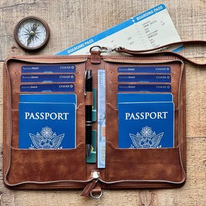 May include: A brown leather travel wallet with a zipper, holding two blue passports, credit cards, a pen, and a boarding pass. A compass is visible in the upper left corner.
