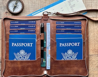 Benutzerdefinierte große Passhülle aus Leder, Familienpasshülle mit Reißverschluss, personalisierte Passport-Reisebrieftasche, gesicherte Passport Bag 6 Inhaber