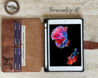 Custom Leather iPad Cases, Leather iPad Sleeve, iPad A16, 13, 12.9, Pro 11, 10.9, 10.5, 10.2, Mini, Portfolio Case with Apple Pencil Holder