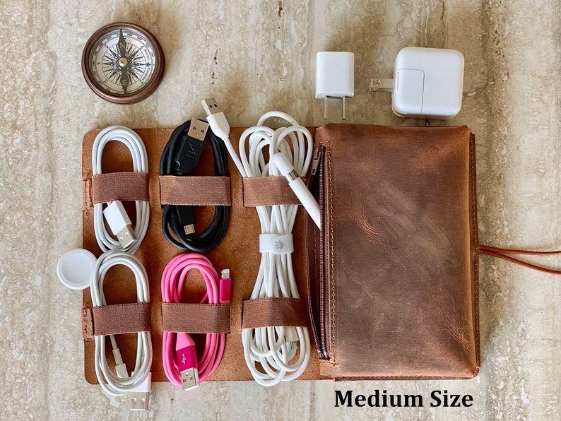 Leather Cable and Charger Organizer Bag, Handmade Cord organizer, Travel charger roll, Storage, Cord Roll, Travel case, Groomsmen Gift Brown - Medium