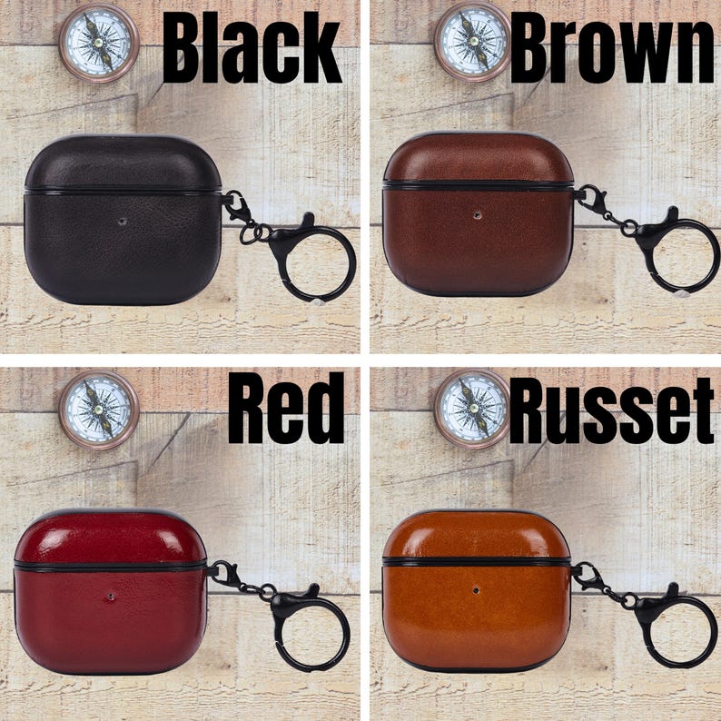 May include: Four square-shaped earbud cases with rounded corners, each featuring a black metal keychain ring. The cases are shown in black, brown, red, and russet colors, each labeled with its respective color name next to a small compass icon.