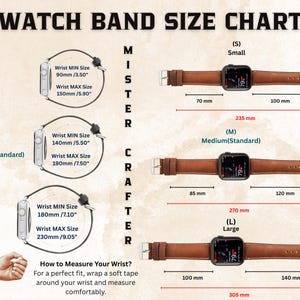 Peut inclure: Un tableau des tailles de bracelets de montre intitul&eacute; WATCH BAND SIZE CHART par MISTER CRAFTER. Il pr&eacute;sente trois tailles : Small, Medium et Large. Chaque taille indique les mesures du poignet en mm et pouces, avec des bracelets en cuir marron.