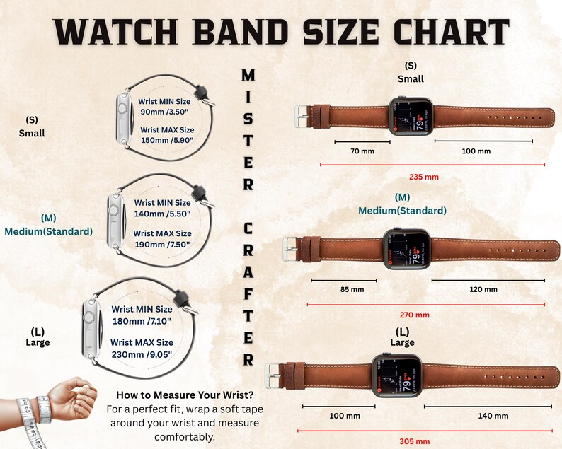 Peut inclure: Un tableau des tailles de bracelets de montre intitul&eacute; WATCH BAND SIZE CHART par MISTER CRAFTER. Il pr&eacute;sente trois tailles : Small, Medium et Large. Chaque taille indique les mesures du poignet en mm et pouces, avec des bracelets en cuir marron.