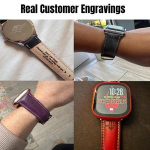 May include: Image showcasing personalized watch bands and a smartwatch. The watch bands are black, purple, and red, with custom engravings. One watch displays the text "ALMO", another "Tasha", and a third has a quote and date. The smartwatch shows "WICKED BUBBLE!"