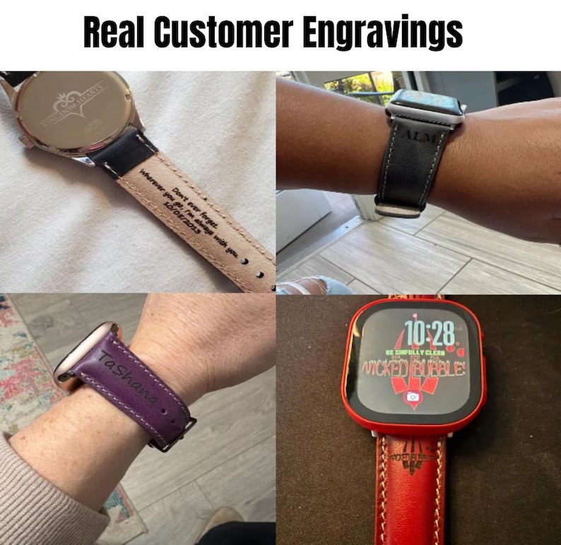 May include: Image showcasing personalized watch bands and a smartwatch. The watch bands are black, purple, and red, with custom engravings. One watch displays the text "ALMO", another "Tasha", and a third has a quote and date. The smartwatch shows "WICKED BUBBLE!"