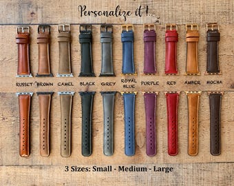 Bracelet de montre en cuir personnalisé, Bracelet de montre Apple 38, 40, 41, 42, 44, 45, 49 mm. Bracelet iWatch Samsung Galaxy, Pixel, Fossil, Fitbit fait main