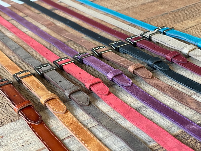 May include: A collection of narrow leather straps in various colors including brown, tan, gray, red, purple, black, burgundy, beige, and blue. Each strap features a metal buckle, a matching leather keeper loop, and pre-punched adjustment holes.