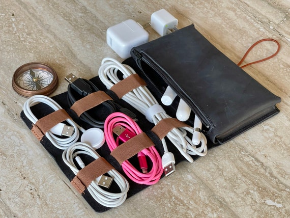 Leather Cable and Charger Organizer Bag Handmade Cord 