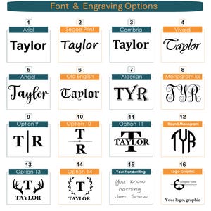 K&ouml;nnte beinhalten: Eine Tabelle mit 16 verschiedenen Schriftart- und Gravuroptionen f&uuml;r ein personalisiertes Geschenk. Die Optionen umfassen verschiedene Schriftarten, Monogramme und eine handschriftliche Option. Die Tabelle ist mit den Zahlen 1 bis 16 und den Namen der einzelnen Optionen beschriftet.