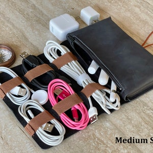 Leather Cable and Charger Organizer Bag, Handmade Cord organizer, Travel charger roll, Storage, Cord Roll, Travel case, Groomsmen Gift Black - Medium