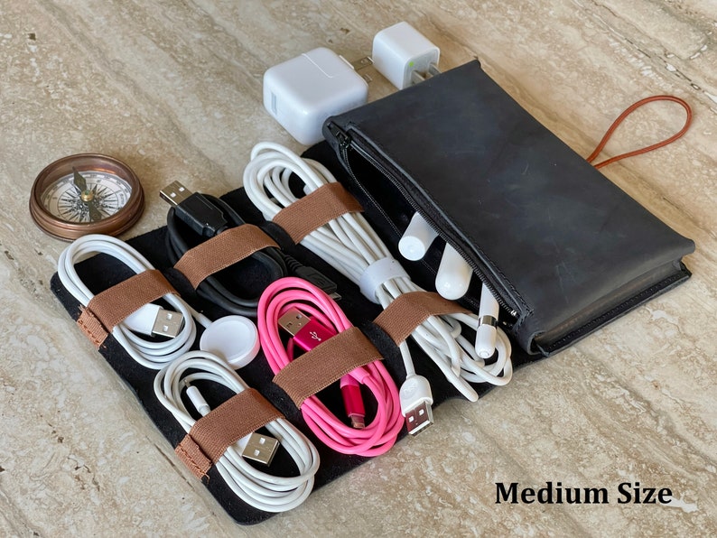 Leather Cable and Charger Organizer Bag, Handmade Cord organizer, Travel charger roll, Storage, Cord Roll, Travel case, Groomsmen Gift Brown Black - Medium