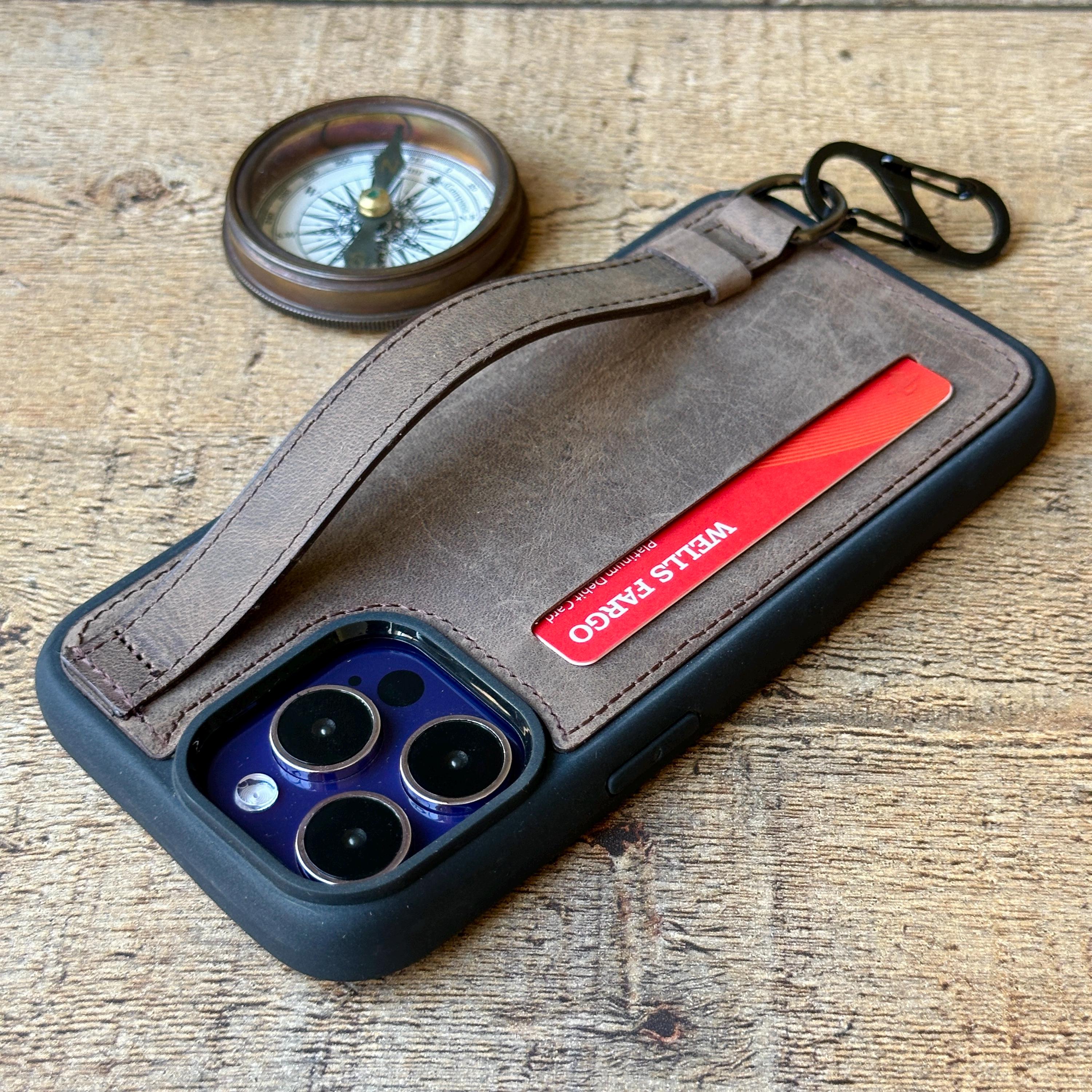 Custom Leather iPhone Grip Holder Case. iPhone 17, 16, 15, 14, 13, 12 11, SE, X, 8, 7 Plus. Credit Card Holder Case Wristlet Crossbody