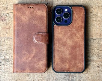 Funda tipo cartera de piel de grano superior para iPhone 17, 16, 15, 14, 13, 12, SE, Series, funda tipo cartera personalizada compatible con MagSafe para iPhone, tarjetero.