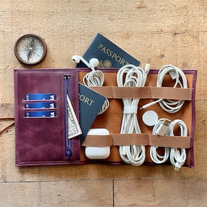 Custom Purple Leather Cable Organizer & Passport Holder, Personalized Handmade Cord organizer, Travel charger roll, Tech, Wire organizer