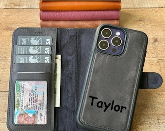 Personalisierte Brieftasche aus Leder iPhone 17, 16, 15, 14, 13, 12, SE-Serie, iPhone MagSafe kompatible Brieftasche, Kartenhalter