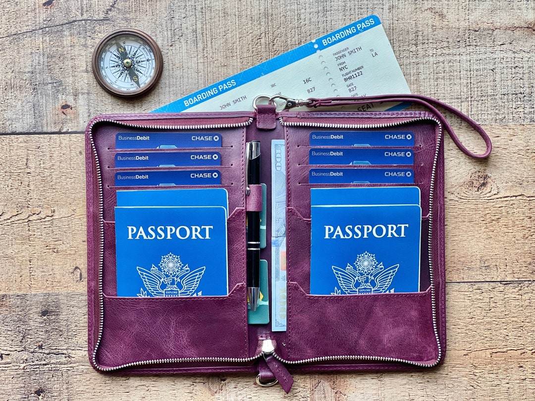 Custom Purple Leather Large Passport Cover, Zipped Family Passport