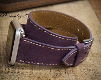 Antic Purple Leather Dual Tour Watch Band, Apple Watch Band 38, 40, 41, 42, 44, 45, 49 mm Galaxy FitBit Fossil Gear iWatch Strap, Pixel Band
