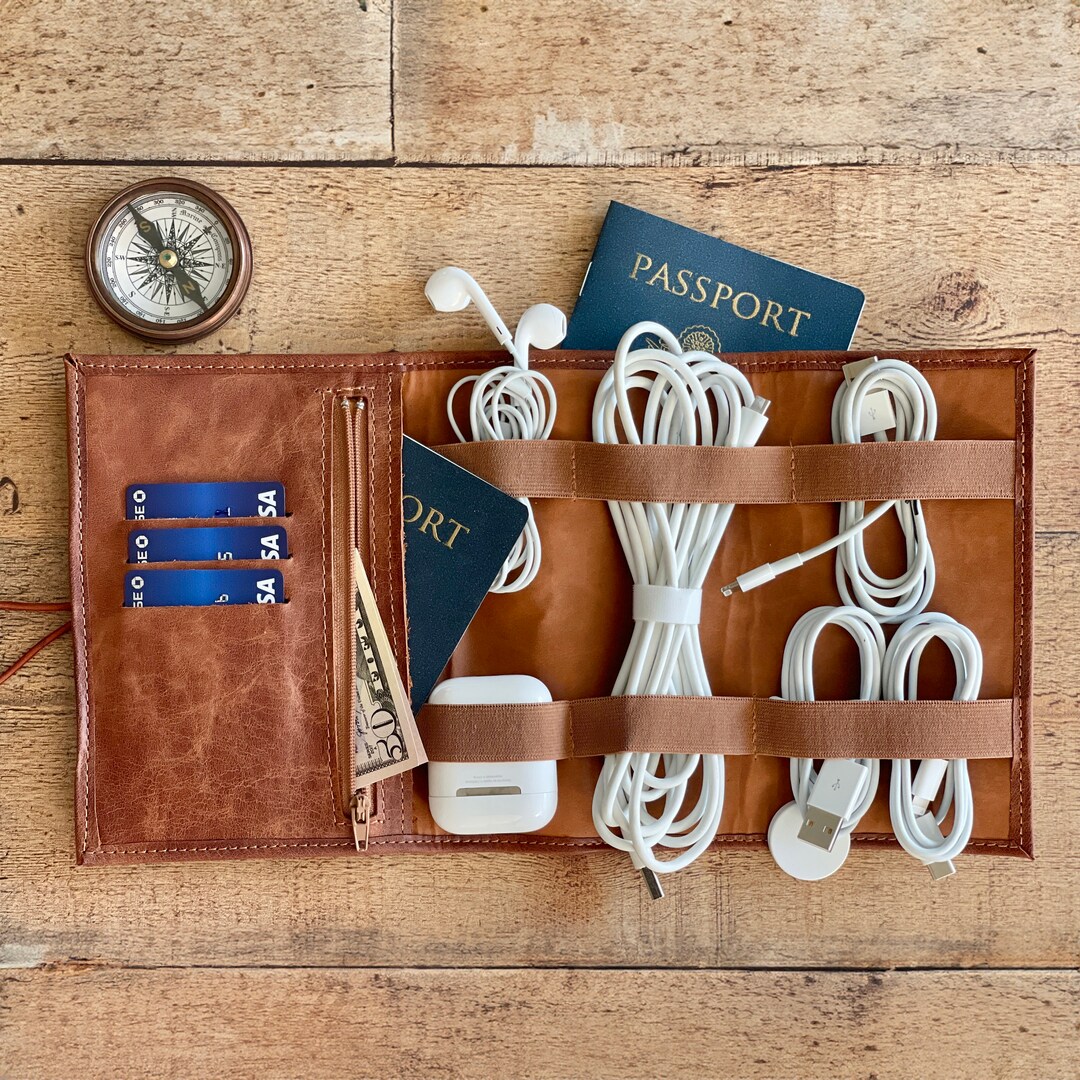 Custom Antic Leather Cable Organizer Passport Holder Personalized Handmade Cord Organizer Travel Charger Roll Tech Wire Organizer Etsy