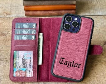 Leather Detachable Personalized Wallet Case iPhone 18, 17, 16, 15, 14, 13, 12, SE Series, Magnetic iPhone Wallet Case, Card Holder Gift
