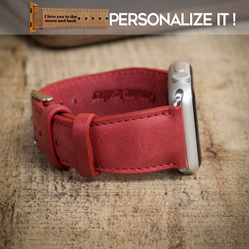 Genuine Red Leather Watch Band, Apple Watch Band 38, 40, 41, 42, 44, 45, 49 mm, Galaxy Fossil FitBit Watch Strap, Personalized iWatch Band image 1