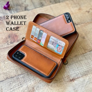 Leather Dual iPhone Case, iPhone Wallet, 2 Phone Holder, Double iPhone Card Holder, iPhone 15, 14, 13, 12, 11, X, 8, 7 Case. Twin Phone Case