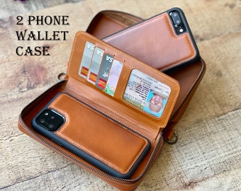 Leather Dual iPhone Case, iPhone Wallet, 2 Phone Holder, Double iPhone Card Holder, iPhone 15, 14, 13, 12, 11, X, 8, 7 Case. Twin Phone Case