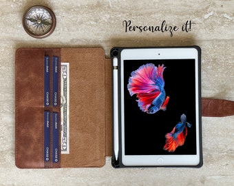 Custom Leather iPad Cases, Antic Brown Leather iPad Sleeve, iPad 13, 12.9, Pro 11, 10.9, 10.5, 10.2, Mini, Portfolio Case with Apple pencil
