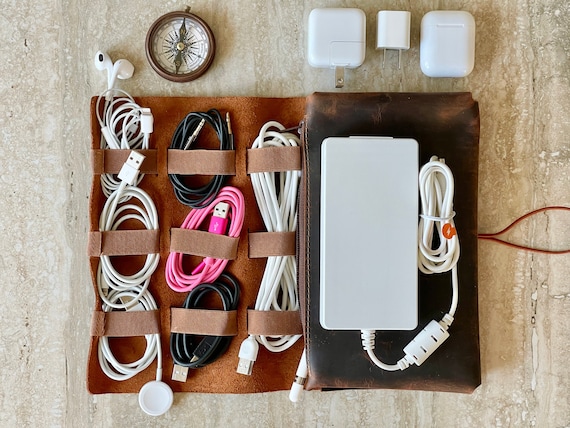 Leather Cable and Charger Organizer Bag Handmade Cord 