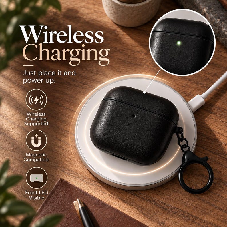 May include: A black textured protective case for wireless earbuds resting on a circular white wireless charging pad. The case features a black keychain ring and displays the text Wireless Charging, Wireless Charging Supported, Magnetic Compatible, and Front LED Visible.