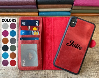 Antic Red Leather iPhone wallet X, XS, XS Max, XR, 8, 7, 6 Plus Case, Detachable iPhone Wallet Case, iPhone Card Holder, Personalize iPhone