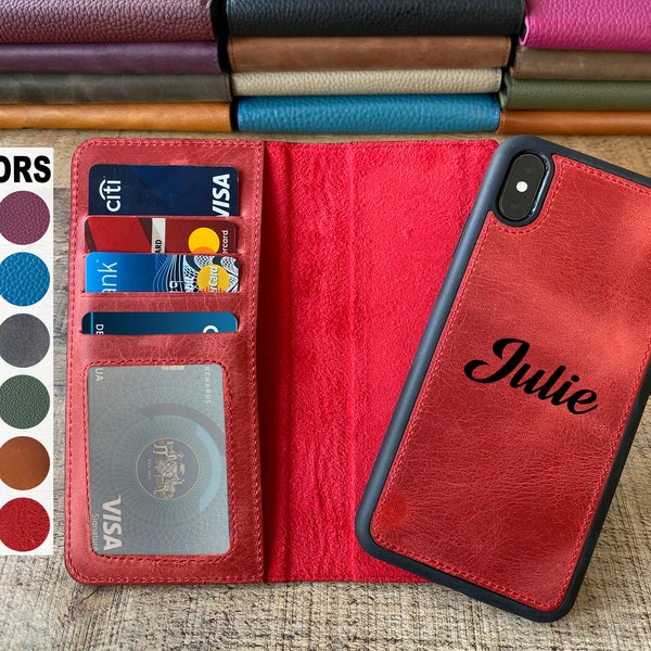 Antic Red Leather iPhone wallet X, XS, XS Max, XR, 8, 7, 6 Plus Case, Detachable iPhone Wallet Case, iPhone Card Holder, Personalize iPhone