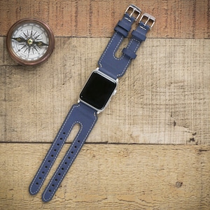 Antic Navy Blue Leather Watch Strap, Double Watch Band, Custom Apple Watch 38, 40, 41, 42, 44, 45, 49 mm, Galaxy FitBit Fossil Pixel iWatch