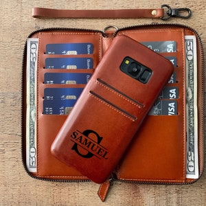 Étui portefeuille pour Samsung Galaxy. Porte-cartes de crédit et portefeuille en cuir brun foncé. Portefeuille S25, S24, S23, S22, S21, S20, S10, Note 20, 10, 9