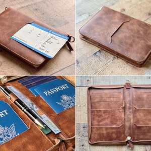 Custom Brown Leather Large Passport Cover, Zipped Family Passport Holder, Personalized Passport Travel Wallet, Secured Passport Bag 6 Holder image 3