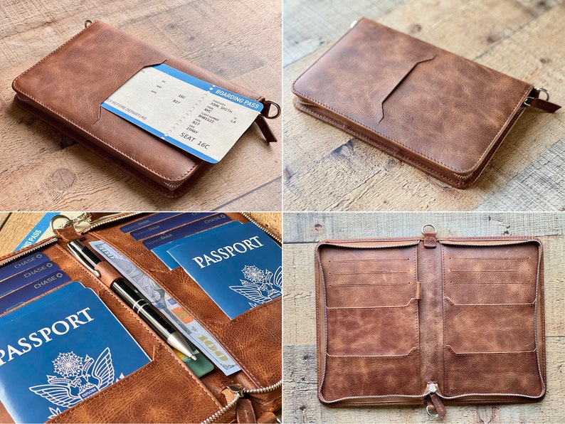 Custom Brown Leather Large Passport Cover, Zipped Family Passport Holder, Personalized Passport Travel Wallet, Secured Passport Bag 6 Holder image 3