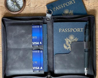Zippered Bi-fold Leather Passport Cover, Passport Holder with Wrist Strap, Personalized Passport Wallet, Travel Wallet, Secured Passport Bag