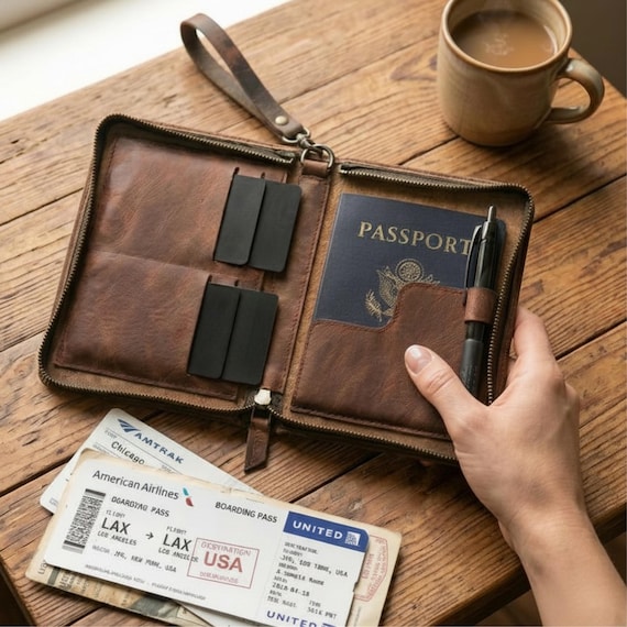 Custom Antic Leather Passport Cover, Zippered Bi-fold Passport