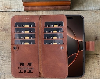 Dubbelvikt läderplånboksfodral för iPhone 17, 16, 15, 14, 13, 12, SE-serien, avtagbart magnetiskt dubbelt plånboksfodral, MagSafe-kompatibelt fodral