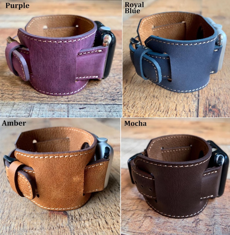 Peut inclure: Quatre bracelets de montre en cuir pour montres connect&eacute;es, pr&eacute;sent&eacute;s en violet, bleu roi, ambre et moka. Chaque bracelet pr&eacute;sente un design large avec des coutures blanches visibles, un passant en cuir assorti et une attache m&eacute;tallique.