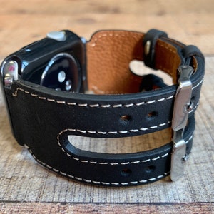 Antic Black Leather Watch Strap, Double Watch Band, Custom Apple Watch Band 38, 40, 41, 42, 44, 45, 49 mm, Galaxy FitBit Fossil Pixel iWatch