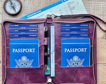 Custom Leather Large Passport Cover, Zipped Family Passport Holder, Personalized Passport Travel Wallet Secured Passport Bag 6 Holder