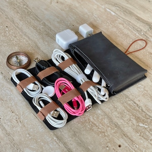 Leather Cable and Charger Organizer Bag, Handmade Cord organizer, Travel charger roll, Storage, Cord Roll, Travel case, Groomsmen Gift Black
