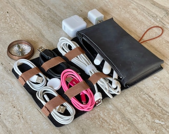 Leather Cable and Charger Organizer Bag, Handmade Cord organizer, Travel charger roll, Storage, Cord Roll, Travel case, Groomsmen Gift Black