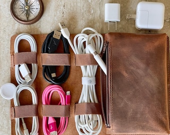 Cable and Charger Organizer Bag, Leather Custom Handmade Cord Organizer, Travel Charger Roll, Cord Storage, Travel case, Traveler Gift