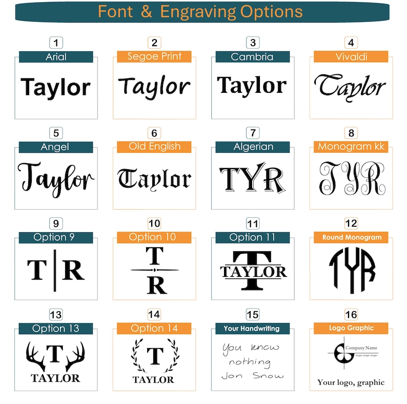 Puede incluir: Una imagen que muestra opciones de fuentes y grabado. Presenta varios estilos de texto, como Arial, Segoe Print y Old English, con el nombre "Taylor" y ejemplos de monogramas. Tambi&eacute;n incluye una muestra de escritura a mano y un gr&aacute;fico de logotipo.