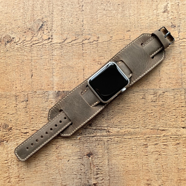 Antic Mocha Leather Watch Cuff, Apple Watch Band 38, 40, 41, 42, 44, 45, 49 mm Galaxy, Fitbit Pixel, Fossil, Engraved Personalized Cuff Band