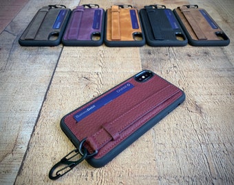 Burgundy Leather iPhone Snap On Handling Built-in Stand with Wristlet hook, iPhone Wallet Credit Card Case, iPhone X, XS MAX, XR, 8 7 6 Plus